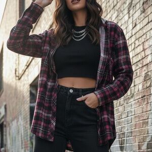 Grunge Joe Boxer Magenta Pink‎ Plaid Hooded Flannel Shacket XL Extra Large